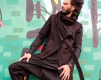 Set Dino: black long vest, teckwear tunic, wrap pants, cyberpunk wear, cybergoth
