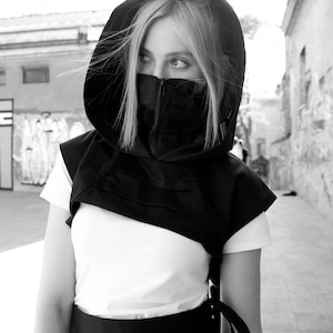 Shoulder pad, black hood, cybergoth style, cyberpunk wear, teckwear,