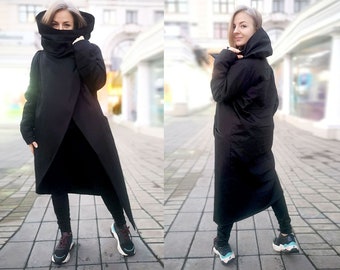 Dino coat, Avant Garde Unisex Coat, Long Jacket, black Cyberpunk mantle, Asymmetrical Coat, Maxi Winter Coat, Custom Design