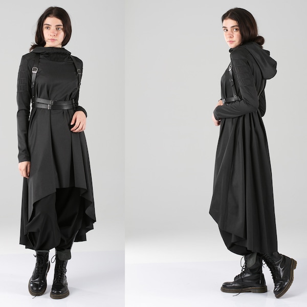 Robe "LEA", robe à capuche avec harnais, robe cyberpunk, robe cyber goth