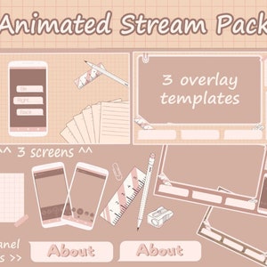 Puede incluir: Una ilustración digital de un paquete de transmisión para Twitch o YouTube. El paquete incluye tres pantallas animadas, dos estilos de panel y tres plantillas de superposición. El diseño presenta un fondo marrón claro con acentos rosados y un patrón de cuadrícula. El texto "Animated Stream Pack", "3 overlay templates", "3 screens", "2 panel styles" y "About" está incluido en la imagen.