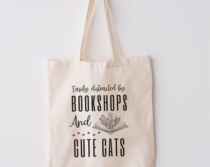 Tote Bag Books and Cats, Cute book Tote for Cat lovers, book lover Gift