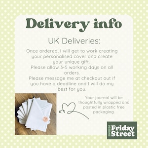 Puede incluir: Una pila de diarios blancos con una peque&ntilde;a pegatina, junto a un garabato en forma de coraz&oacute;n y el texto "Delivery info". El texto tambi&eacute;n menciona "Friday Street Designs".