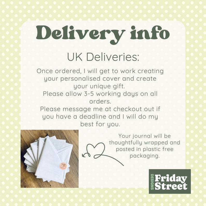 Puede incluir: Una pila de diarios blancos con una peque&ntilde;a pegatina, junto a un garabato en forma de coraz&oacute;n y el texto "Delivery info". El texto tambi&eacute;n menciona "Friday Street Designs".