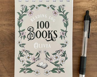 Personalised 100 Books Read Reading Log Notebook, Spiral A6 Cottagecore Pad with Prompted Pages Book Tracker