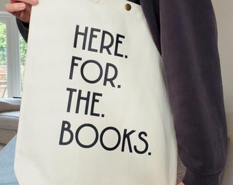 Book Tote Bag, Reusable Cotton Canvas Shopping Bag with Fastening, for Readers and Book Lovers