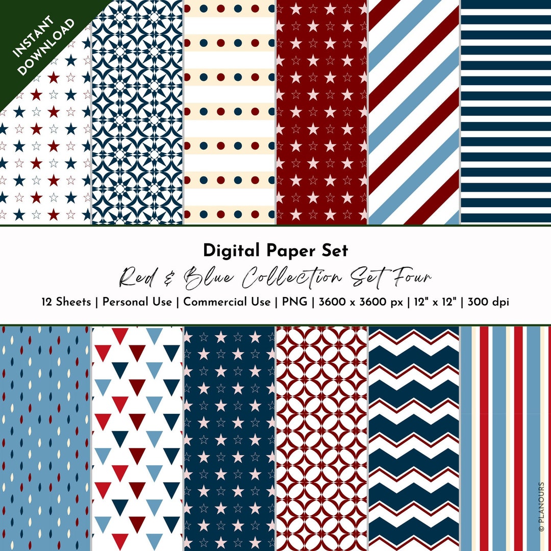 4th of July Digital Paper Red and Blue Printable Paper Patriotic ...