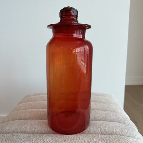 Large Takahashi handblown Amberina red glass canister with lid