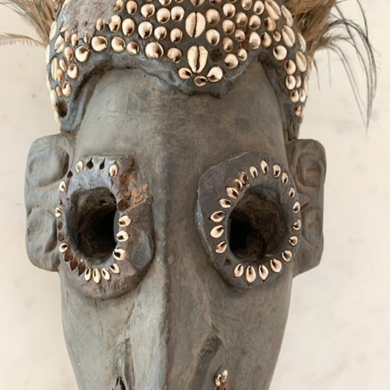 Vintage African Wood Mask With Cowrie Shells and Feathers - Etsy