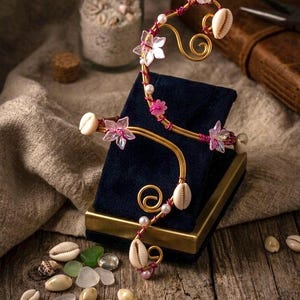 May include: A handcrafted, gold-toned wire arm cuff decorated with seashells, pink flower accents, and faux pearls. The cuff is displayed on a navy blue velvet box, with seashells scattered on a rustic wooden surface.