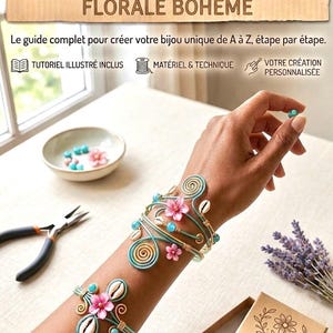 May include: DIY jewelry kit with the text "MON KIT DIY : LA MANCHETTE FLORALE BOHÈME". The kit includes a tutorial, materials, and techniques to create a unique piece. The image shows a floral bohemian cuff bracelet with pink flowers, turquoise beads, and seashells.