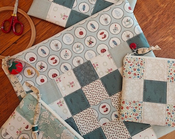 MADE TO ORDER Stitching Themed Patchwork Project Bag 13" x 13.5" x 1" deep | Patchwork Front & Back