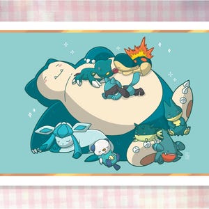 Afbeelding A4/A6 turkoois/blauw pokemon, impression d'art pokemon, affiche pokemon glanzend