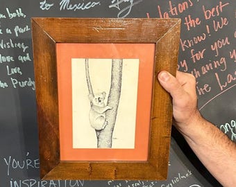 Adorable KOALA Pen and Ink in a Handsome ORANGE Matte with Glossed Dark WOOD Frame