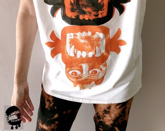 Self-Fish coloured  T-Shirt /  Cat and fish Screen print collection cotton /  / Handprinted Gildan softstyle/ Size Medium /unisex