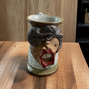 Signed Mahon Stoneware Ugly Face Lady w/ Red Lips Mug