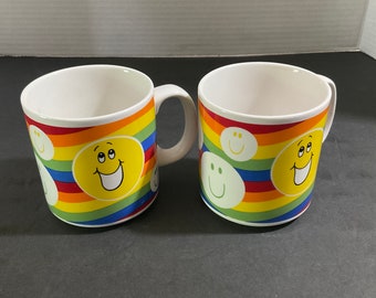 Vintage Russ Rainbow Smiley Face Mug Made in Korea set of 2