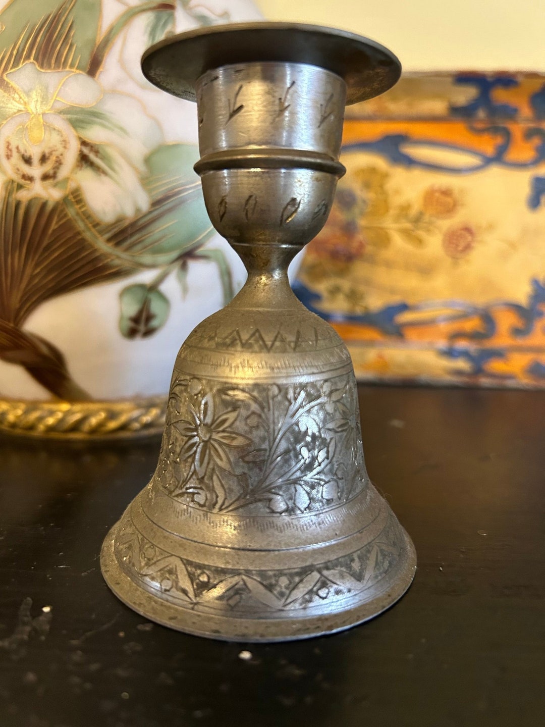 Vintage Heavy Brass Bell/candle Holder Etched With Leaves 3.75 Etsy