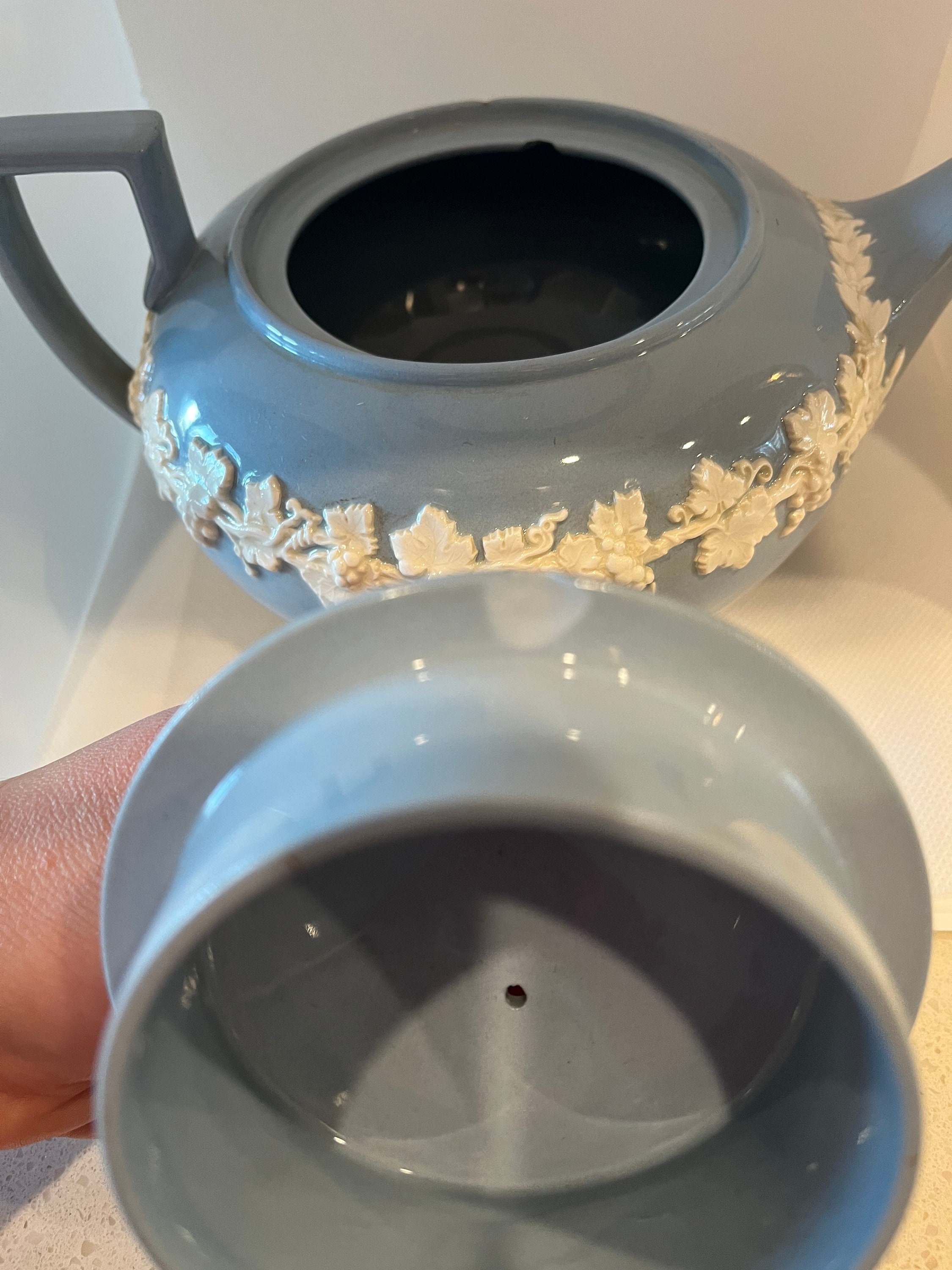 Wedgewood Teapot With Lid Embossed Queensware Cream on Lavender Plain