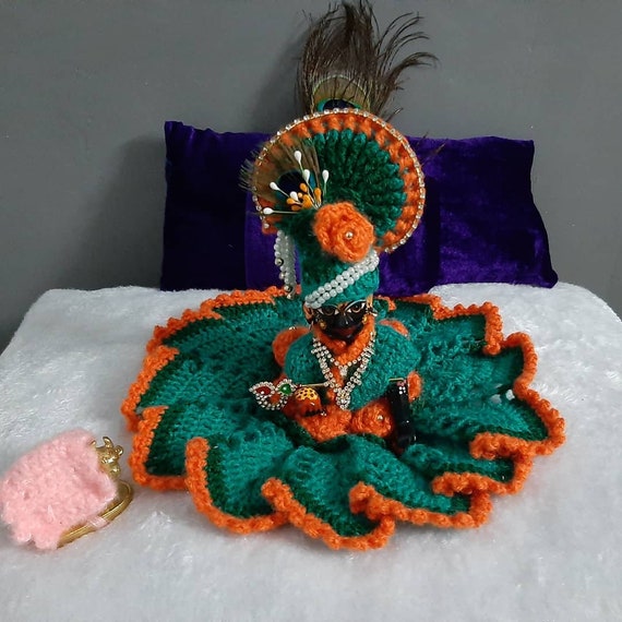 Laddu Gopal Yellow Booti and Flower Gaddi Designer Dress with Pagdi -  PUJABAG