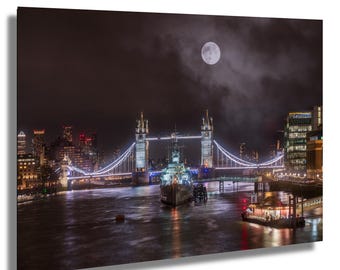 Tower Bridge London, moon at night photo, Thames Wall Art, canvas print, archive paper, acrylic, metal, poster, River Thames, HMS Belfast