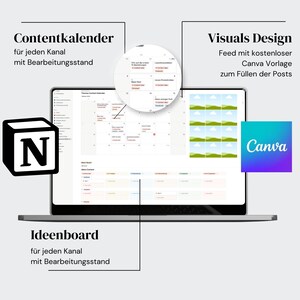 Könnte beinhalten: Ein Laptop-Bildschirm zeigt einen Content-Kalender mit einem Notion-Logo in der linken unteren Ecke. Der Kalender ist in Tage und Wochen unterteilt, wobei jeder Tag eine andere Farbe hat. Der Bildschirm zeigt auch einen Abschnitt für visuelles Design mit einem Canva-Logo in der rechten oberen Ecke. Der Abschnitt für visuelles Design zeigt ein Raster von Bildern mit einem grün-blauen Farbschema. Der Text auf dem Bildschirm lautet "Contentkalender" und "Visuals Design".