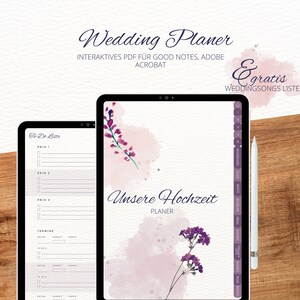 Könnte beinhalten: Ein digitaler Hochzeitsplaner mit Aquarellhintergrund und floralen Akzenten. Der Planer beinhaltet eine To-Do-Liste, einen Kalender und einen Bereich für Hochzeitslieder. Der Text "Unsere Hochzeit" ist auf dem Planer sichtbar.