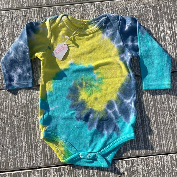 Baby 9-12 months tie dye bodysuit, blue, teal and yellow