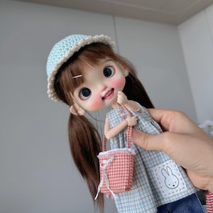 May include: A doll with brown hair in pigtails, wearing a light blue crocheted hat, a light blue and white plaid dress with a small white rabbit patch, and a small red and white checkered shoulder bag with a white ribbon bow detail.
