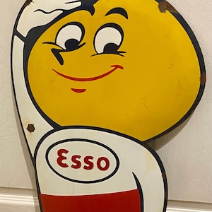 Rare - Grande enseigne Esso Happy Motoring ancienne en métal émaillé pour station-service, garage, garage, atelier, concessionnaire, salle d'exposition, pompe, enseigne publicitaire
