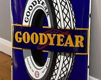 Vintage Goodyear Tires Enamel Metal Sign Large Auto Car Garage