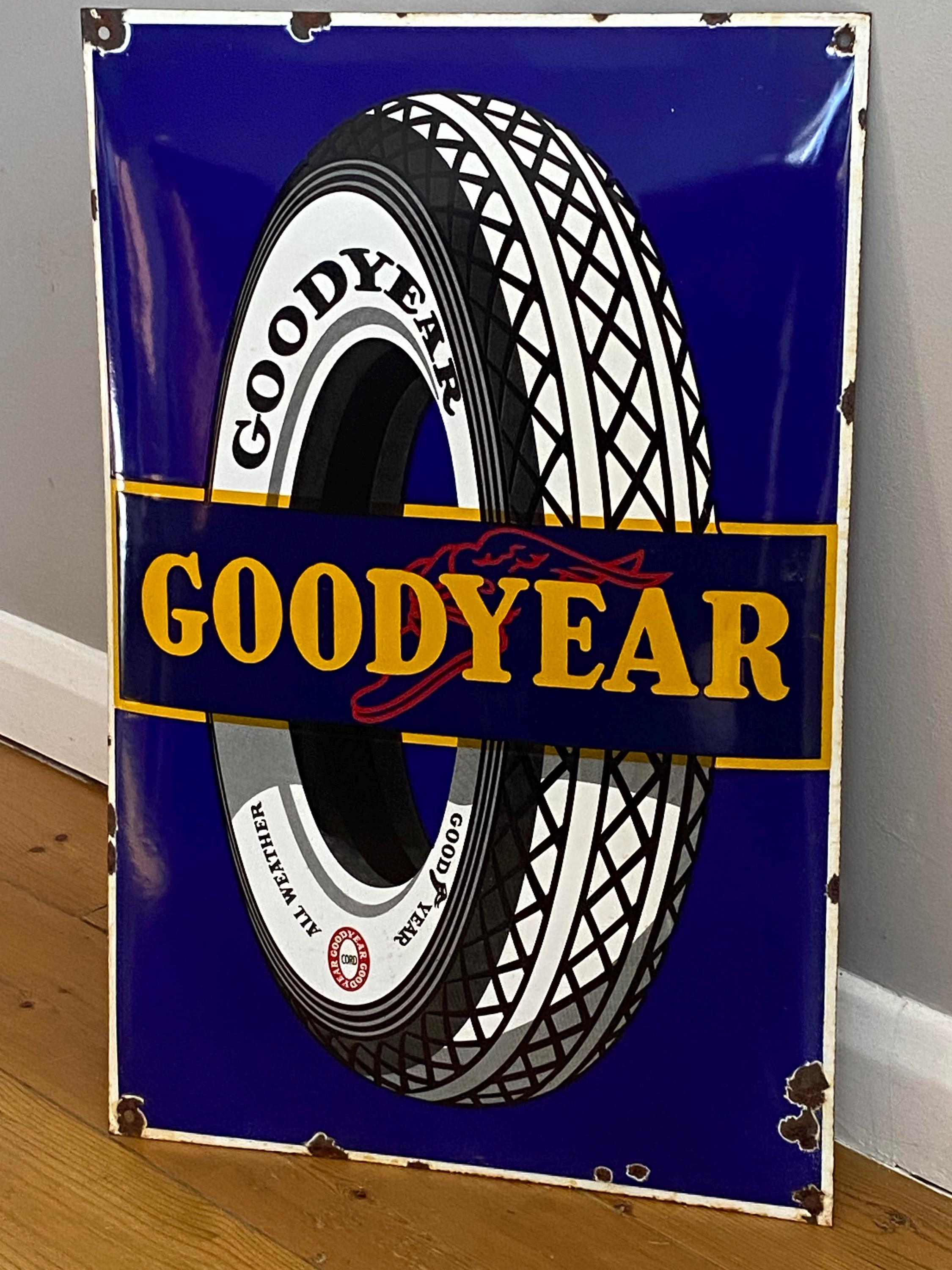 Vintage Goodyear Tires Enamel Metal Sign Large Auto Car Garage