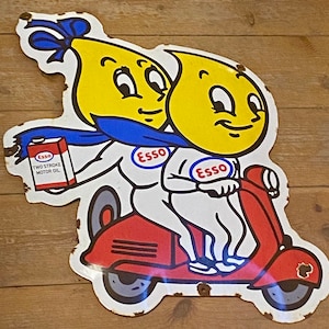 Rare Large Esso Oil Drop Scooter Old Enamel Metal Petrol Station Gas Sign Garage Dealership Workshop Dealer Showroom Advertising Moped Sign
