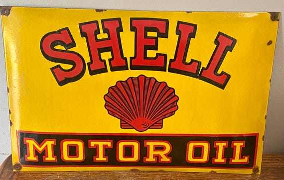 大型シェルモーターオイルサイン - ヴィンテージエナメル自動車広告 