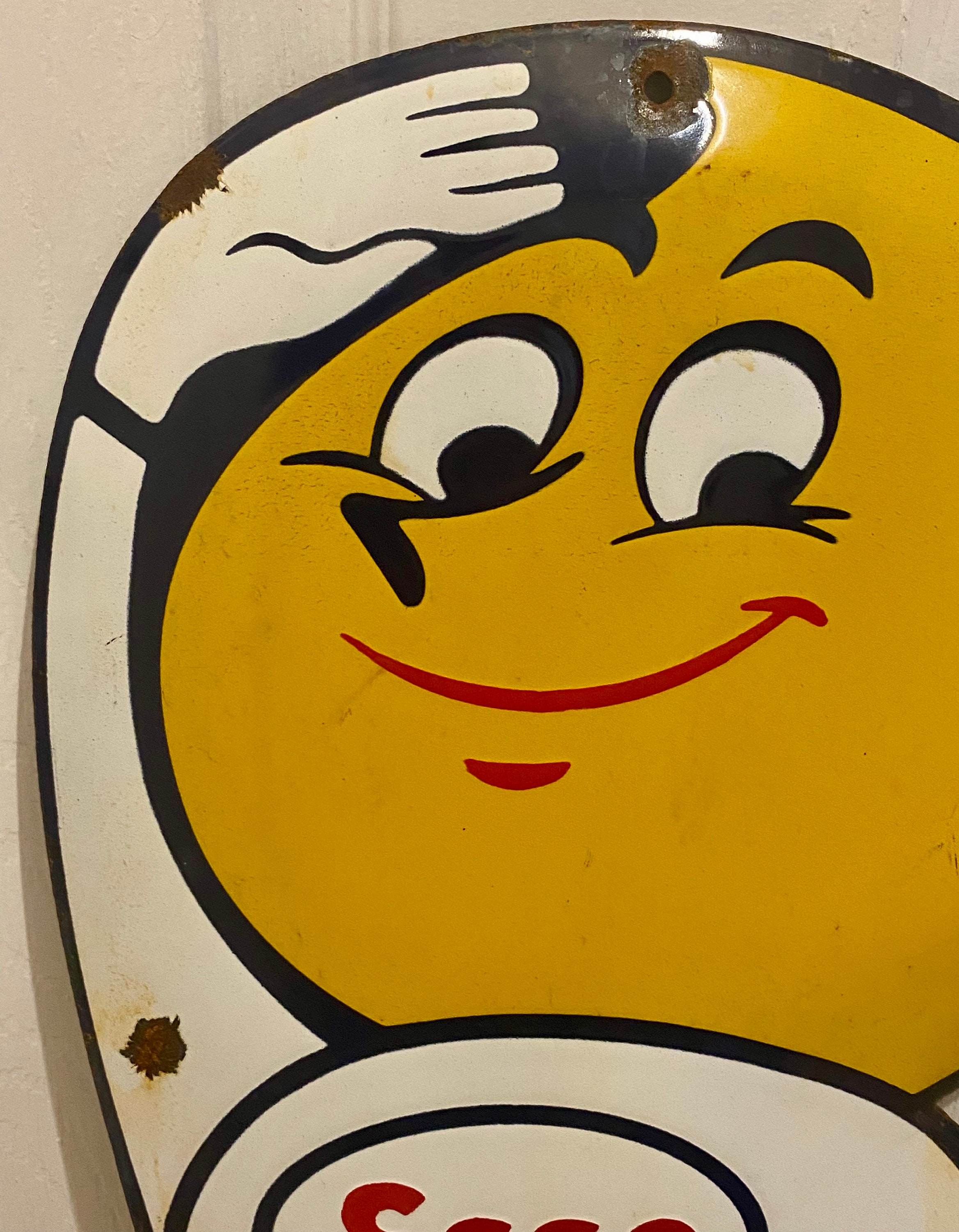 Vintage Esso Happy Motoring Enamel Sign - Oil Drop Boy Advertising