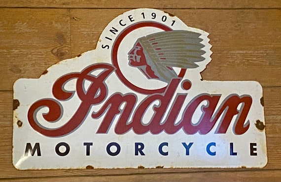 インディアンモーターサイクル　ホーロー看板（約92センチ インディアンモーターサイクル ブリキ看板 1934年 インディアンの通販