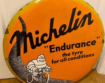 Vintage Michelin Man Enamel Sign – "Endurance" Tyre Advertisement, Made in England