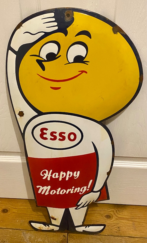 Vintage Esso Happy Motoring Enamel Sign - Oil Drop Boy Advertising