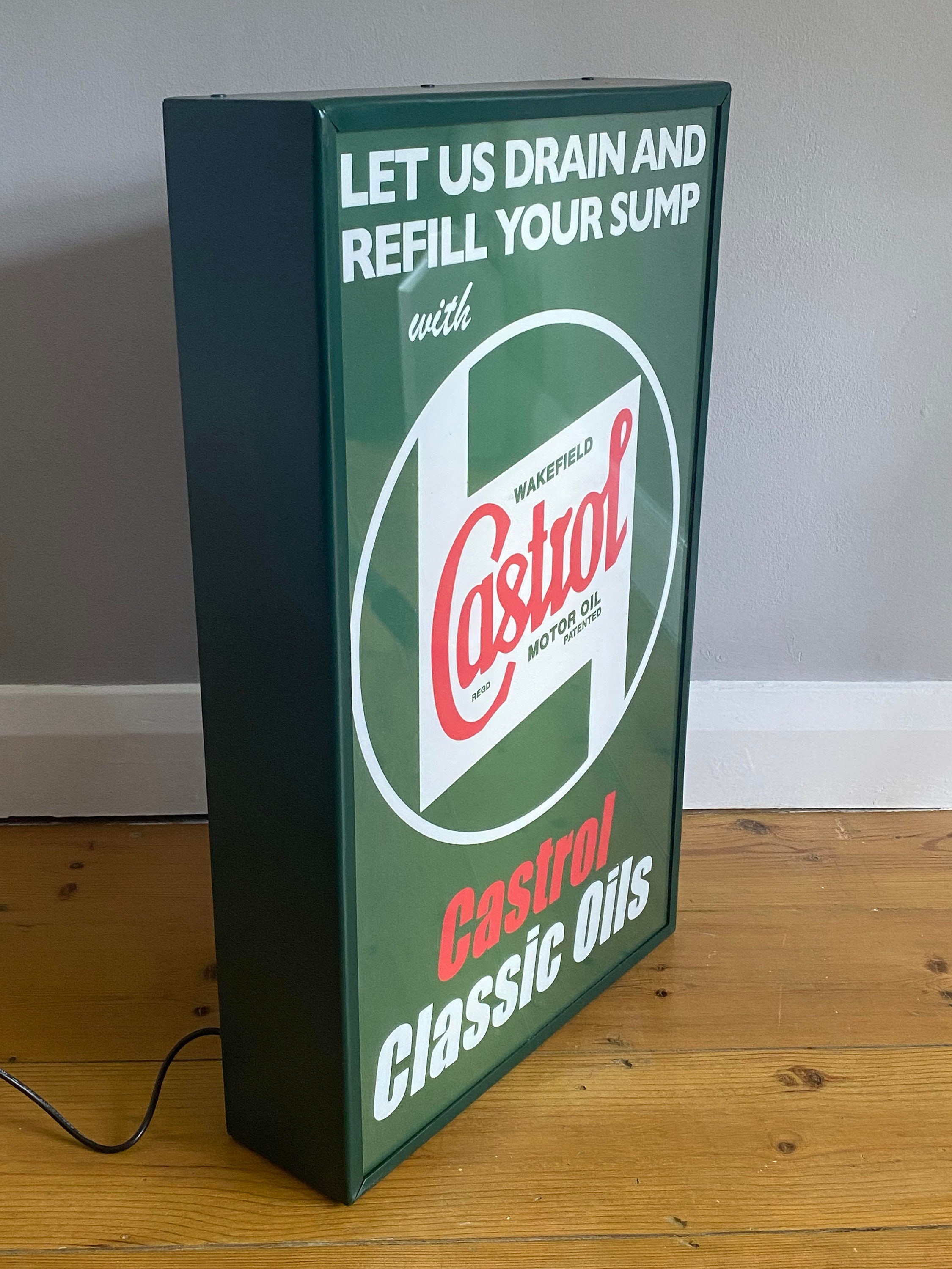 カストロールオイル照明付き広告看板：ガレージガソリンスタンド