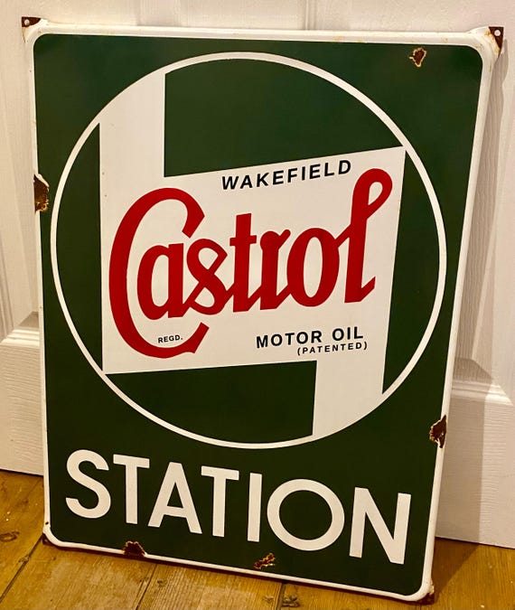 Vintage Castrol Oil Station Enamel Sign, Mid-century Garage Decor