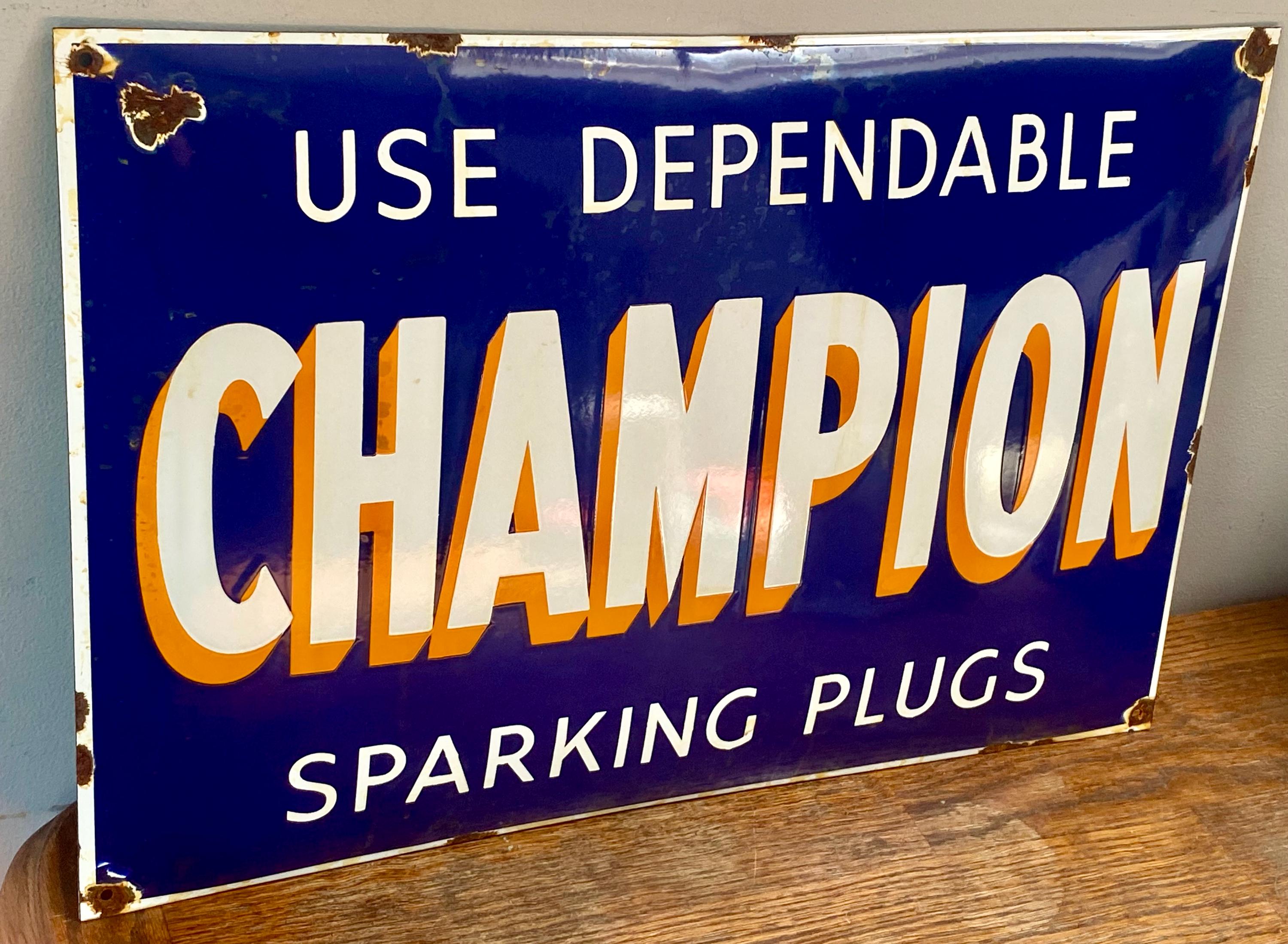 Antique Champion Spark Plugs Enamel Sign: Auto Garage Advertising
