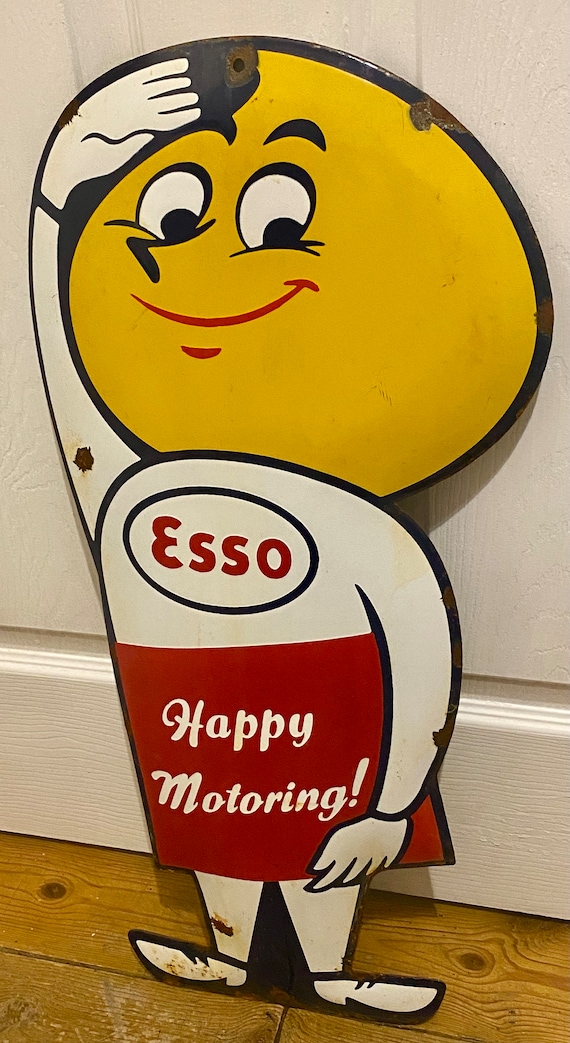 Vintage Esso Happy Motoring Enamel Sign - Oil Drop Boy Advertising