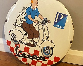 Seltener Vintage Vespa Piaggio Roller Großes Garage Emaille Schild Werbung Tintin emailschild