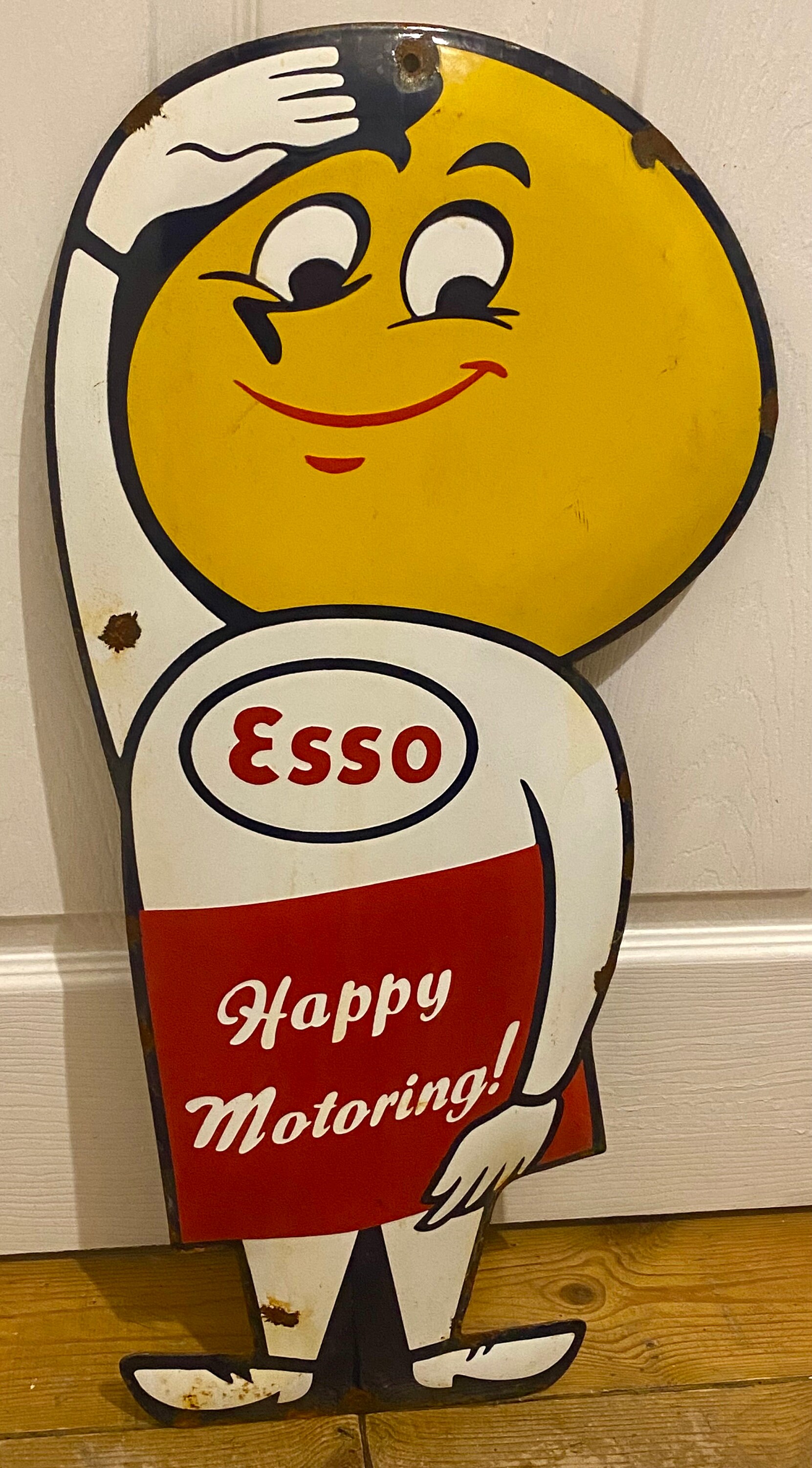 Vintage Esso Happy Motoring Enamel Sign - Oil Drop Boy Advertising