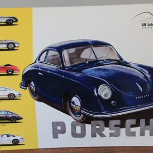 May include: A vintage Porsche metal sign featuring a dark blue coupe and several other Porsche models on a yellow background. The sign includes the text "Porsche" and "60 Jahre Porsche 1948-2008".
