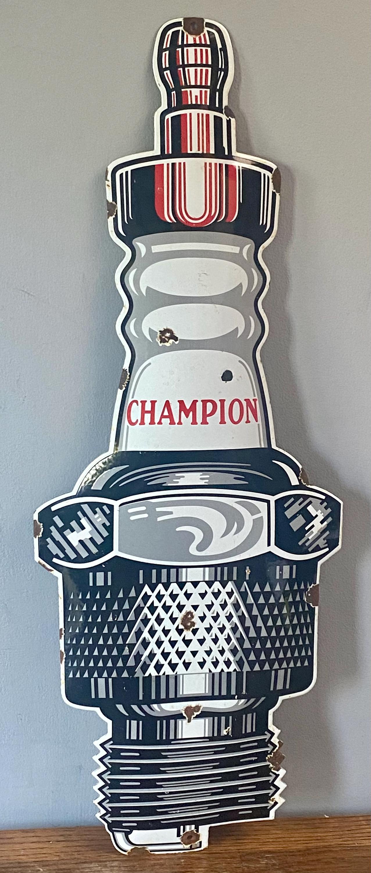 Champion Spark Plug Enamel Sign: Vintage Auto Dealer Advertising