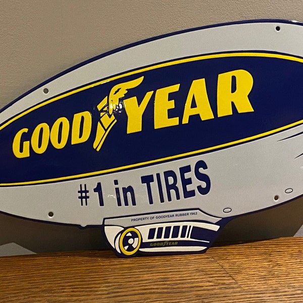 Rare Goodyear Enamel Zeppelin Tire Advertising Sign Gas Petrol Service Station Tyres Enamel Metal Sign