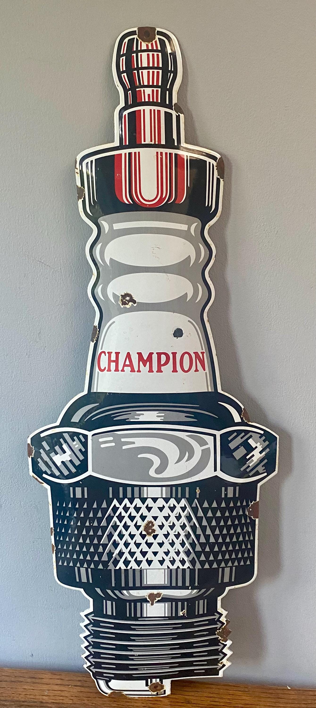 Champion Spark Plug Enamel Sign: Vintage Auto Dealer Advertising