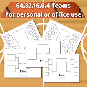 May include: Four blank basketball tournament brackets with a basketball court background. The brackets are for 64, 32, 16, 8, 4 teams. The text "64,32,16,8,4 Teams For personal or office use" is at the top of the image.