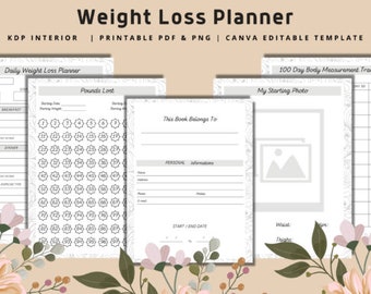 Weight Loss Journal Workout Planner,  Weight Loss Tracker,  Digital Fitness Planner Printable, Instant Download, Canva Editable